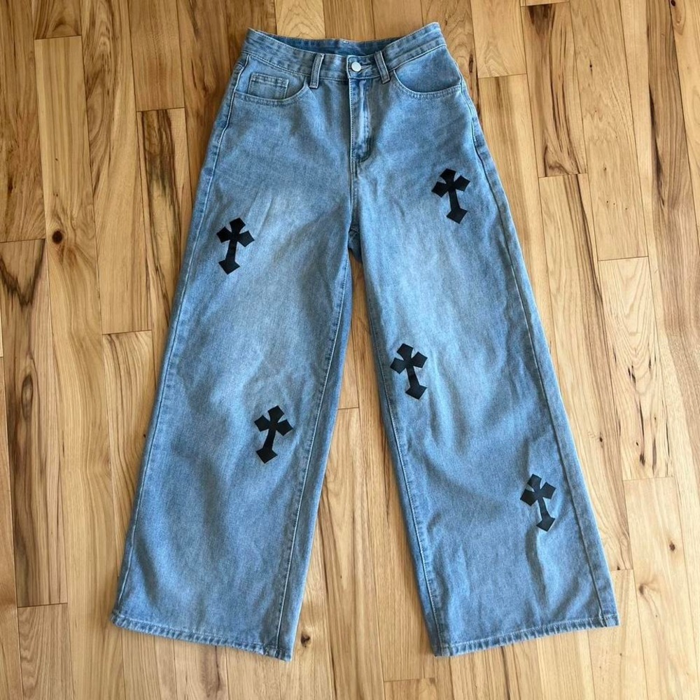 Romwe Wide Leg Jeans with Crosses Grunge Skater Indie Sleaze Sz 4 waist 27